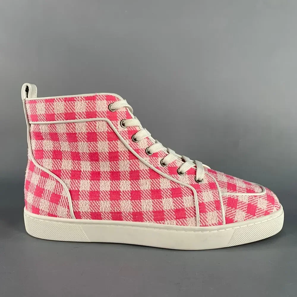CHRISTIAN LOUBOUTIN Size 9 Pink White Checkered Fabric High Top Sneakers